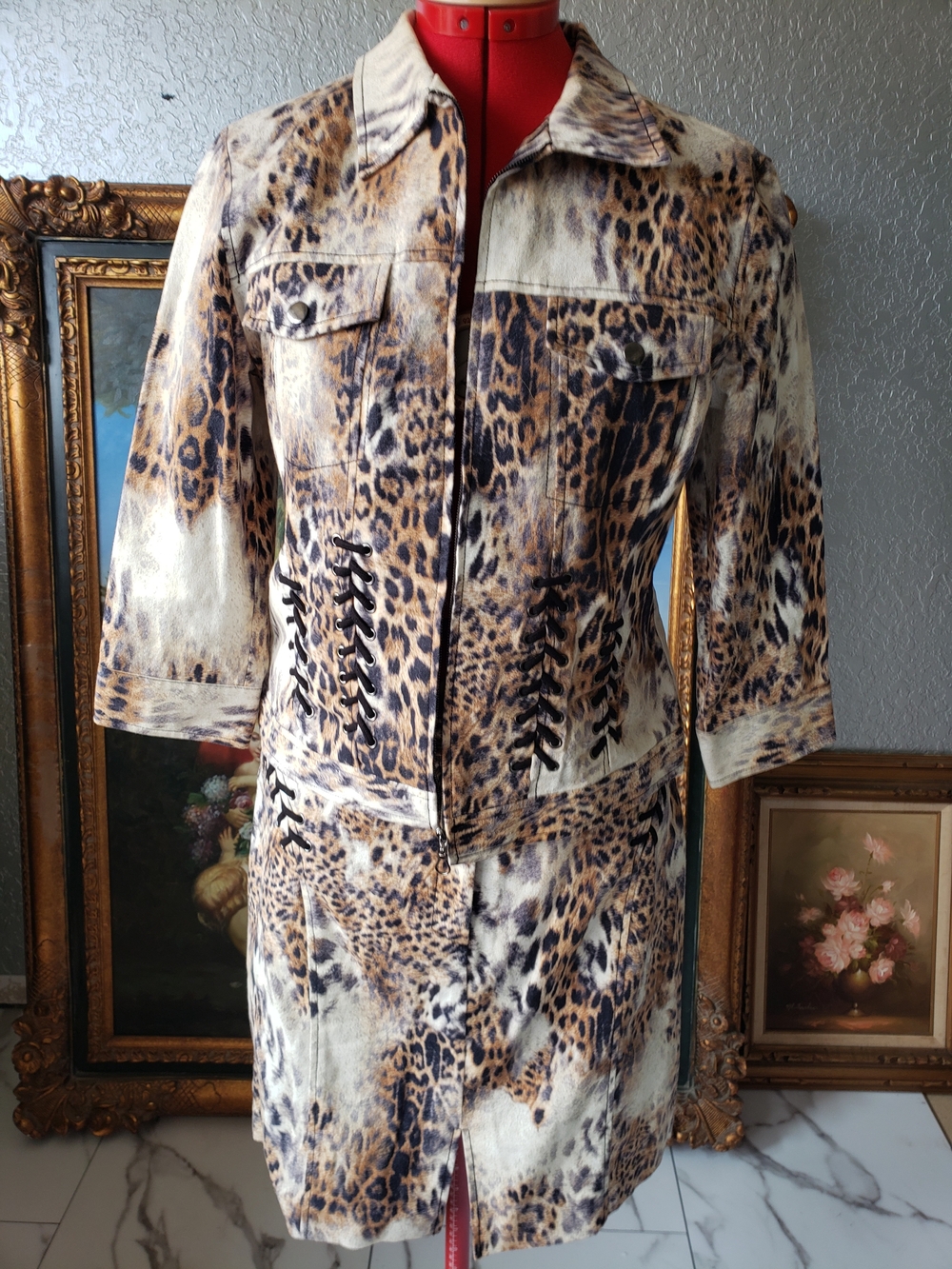 Leopard Print Jacket and Skirt Set - Beige/Brown